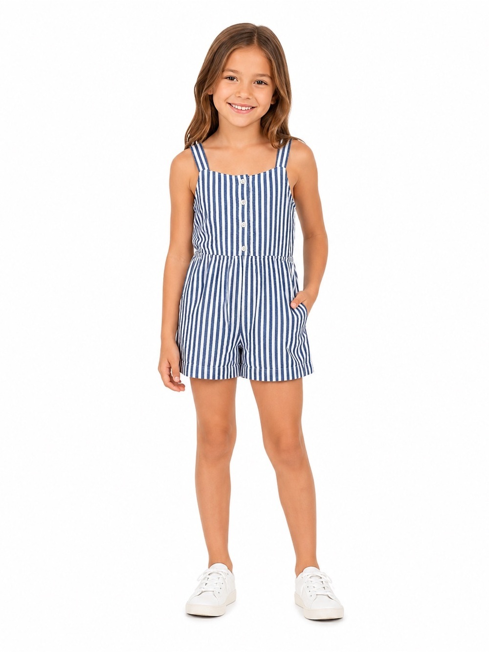 Old Navy Girls Sleeveless Linen Blend Button Front Romper 8 Blue White Stripe